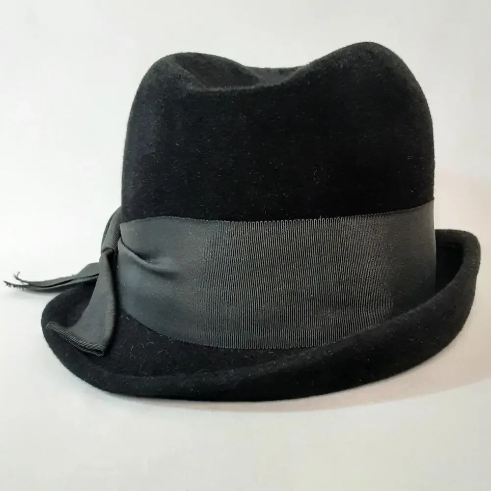 💎Le Charme Black Wool Felt Cloche Hat Asymmetrical Brim Large Side Bow